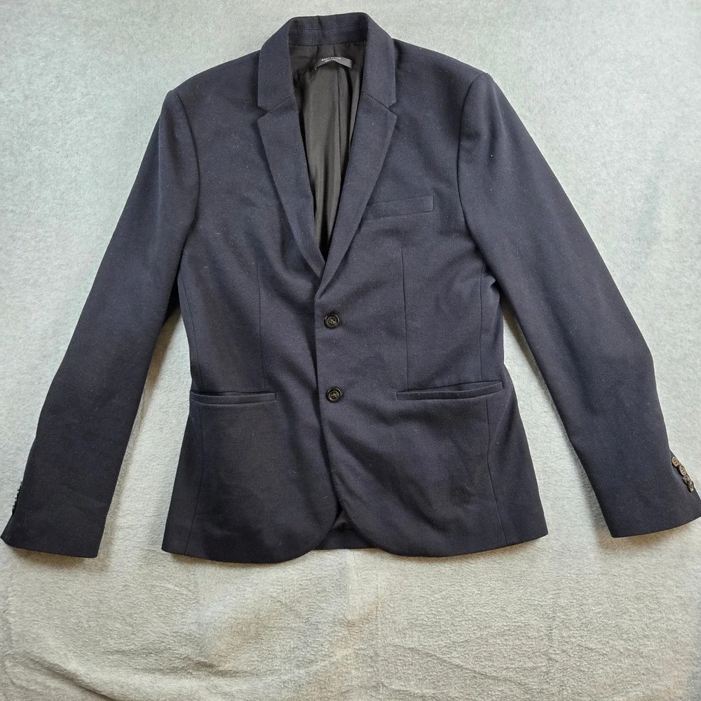 Zara Essentials Blazer Mens L Navy Blue Textured Knit Two-Button Slim Sport Coat